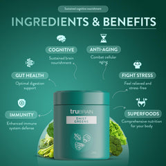 Close-up of TruBrain Daily Greens ingredients highlighting vibrant greens.