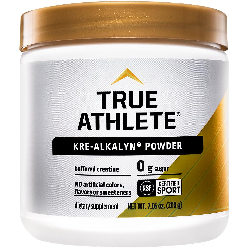 True Athlete Kre Alkalyn Powder bottle promotes energy for high-intensity workouts.