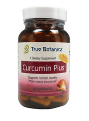 True Botanica Curcumin Plus bottle close-up highlighting capsules for daily inflammatory support.