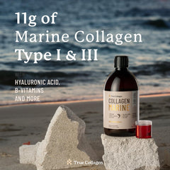 True Collagen Marine bottle label closeup highlighting halal-certified formula
