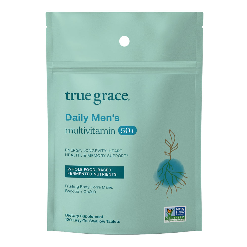 True Grace Daily Men’s Multivitamin 50+ bottle close-up showing daily immune support