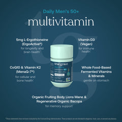 True Grace Daily Men's Multivitamin label close-up with gluten-free vegan notes