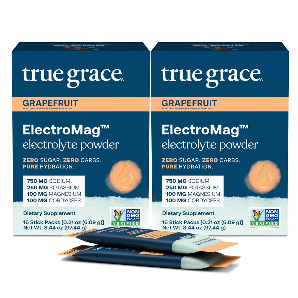 True Grace ElectroMag grapefruit stick pack ready for hydration during workouts.