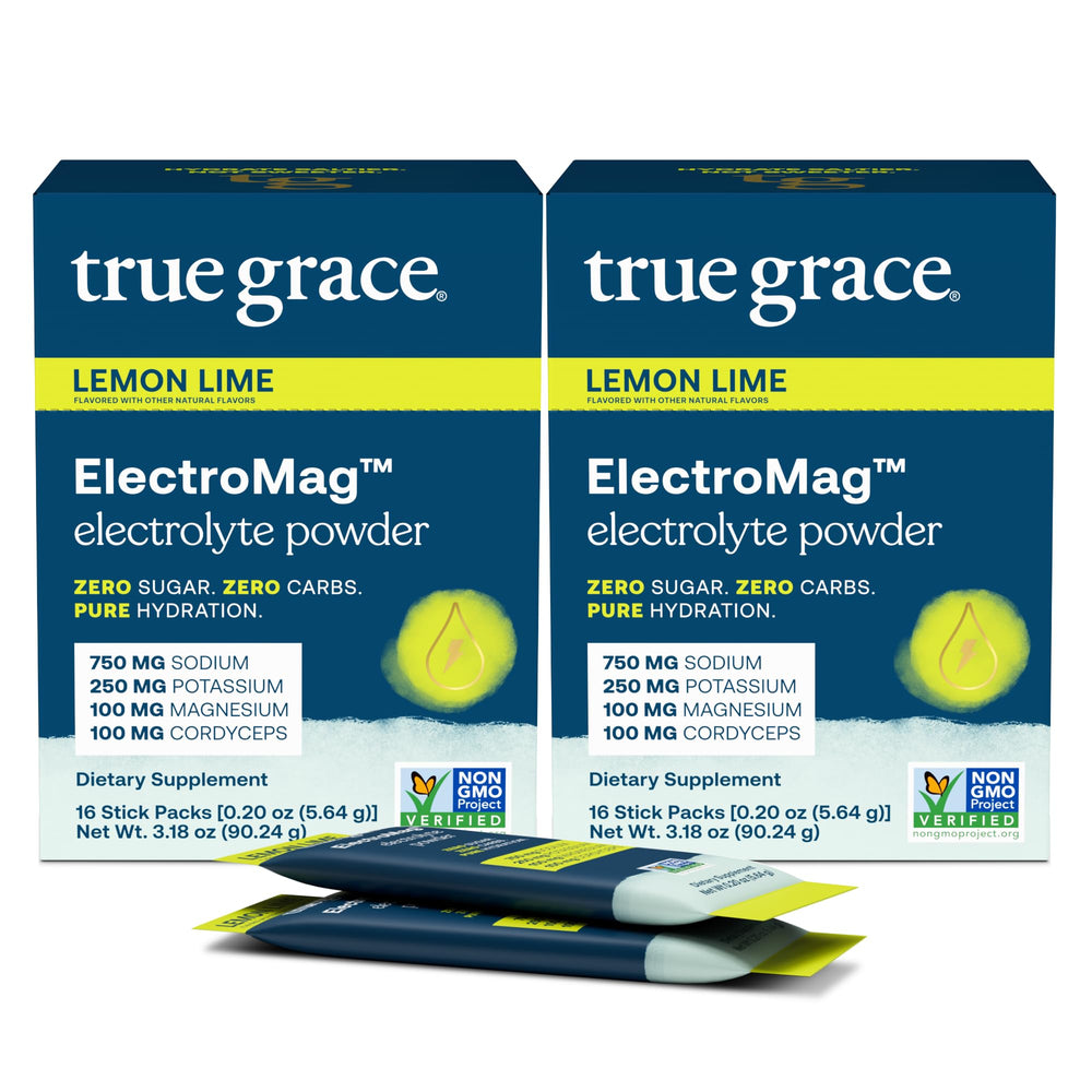 True Grace ElectroMag lemon-lime stick packs shown for convenient hydration on the go.