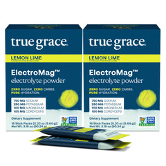 True Grace ElectroMag lemon-lime stick packs shown for convenient hydration on the go.