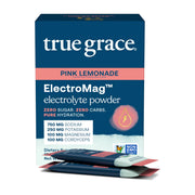 True Grace ElectroMag pink lemonade stick pack dissolving in water for rapid hydration