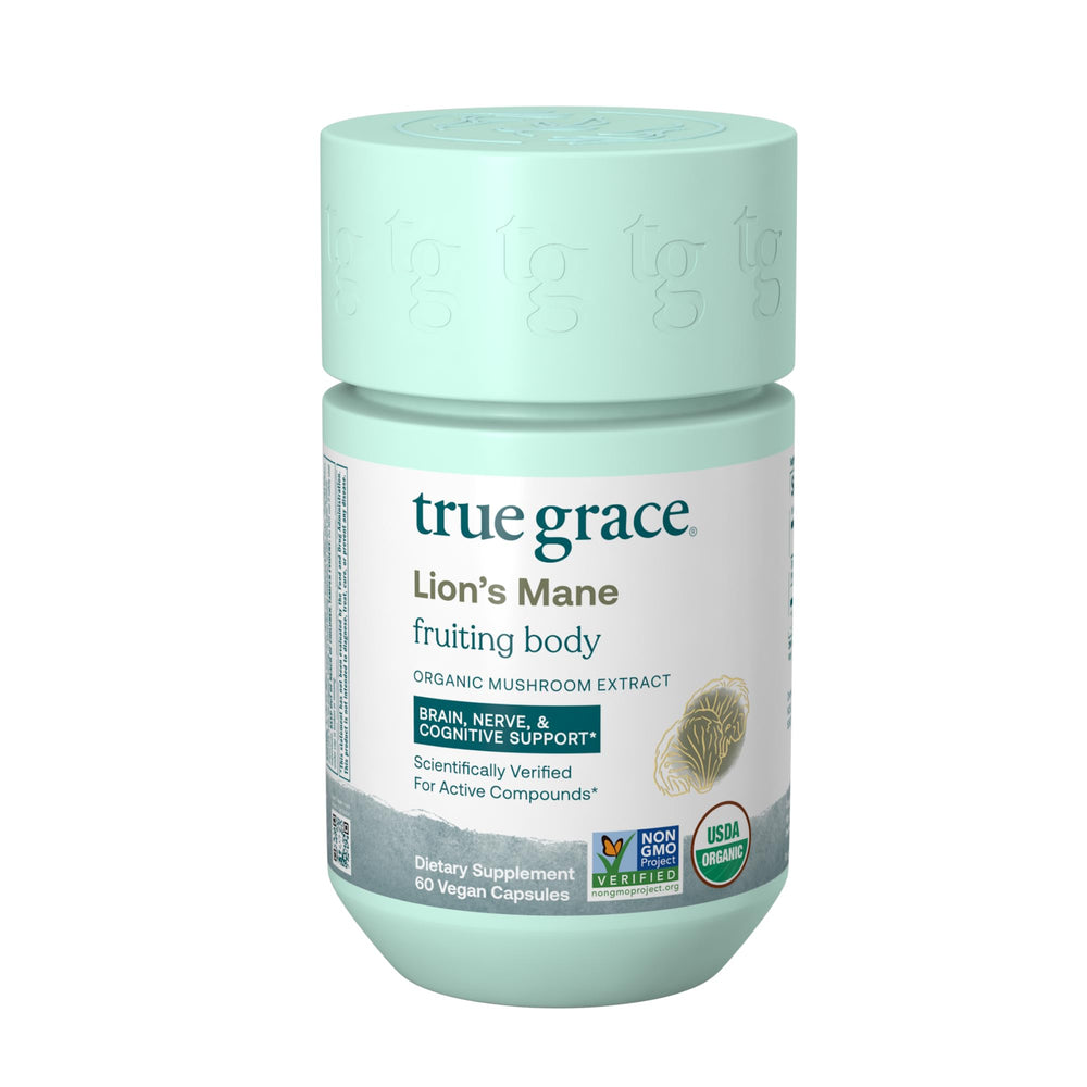 True Grace Lions Mane bottle close-up showing premium brain support capsules