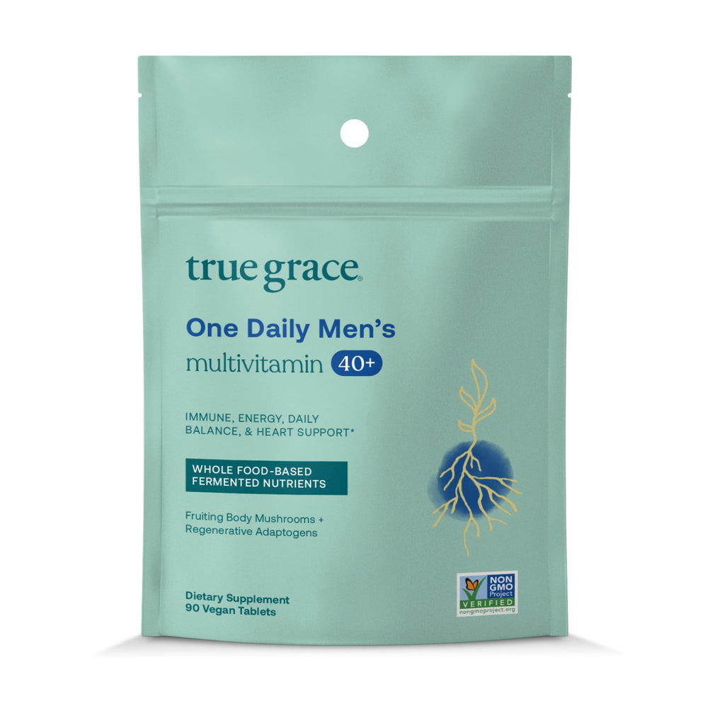 True Grace Men 40+ multivitamin bottle front for daily energy and immune support.