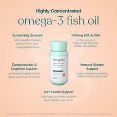 True Grace Omega-3 bottle pouring to show convenient daily dosing.