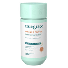 True Grace Omega-3 fish oil bottle front shows potency for daily wellness.