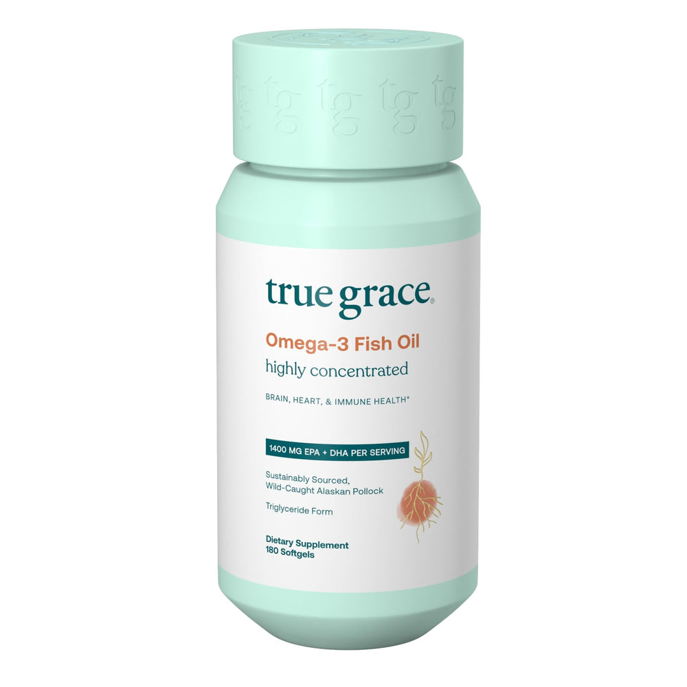True Grace Omega-3 fish oil bottle with softgels for daily use and wellness.