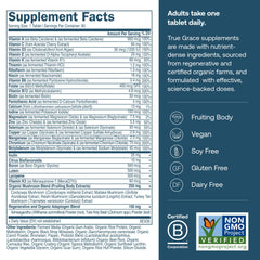 Close-up of True Grace One Daily tablets highlighting fermented minerals and plant-based ingredients