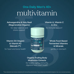 True Grace adaptogenic blend bottle showcases ashwagandha and holy basil for stress resilience.