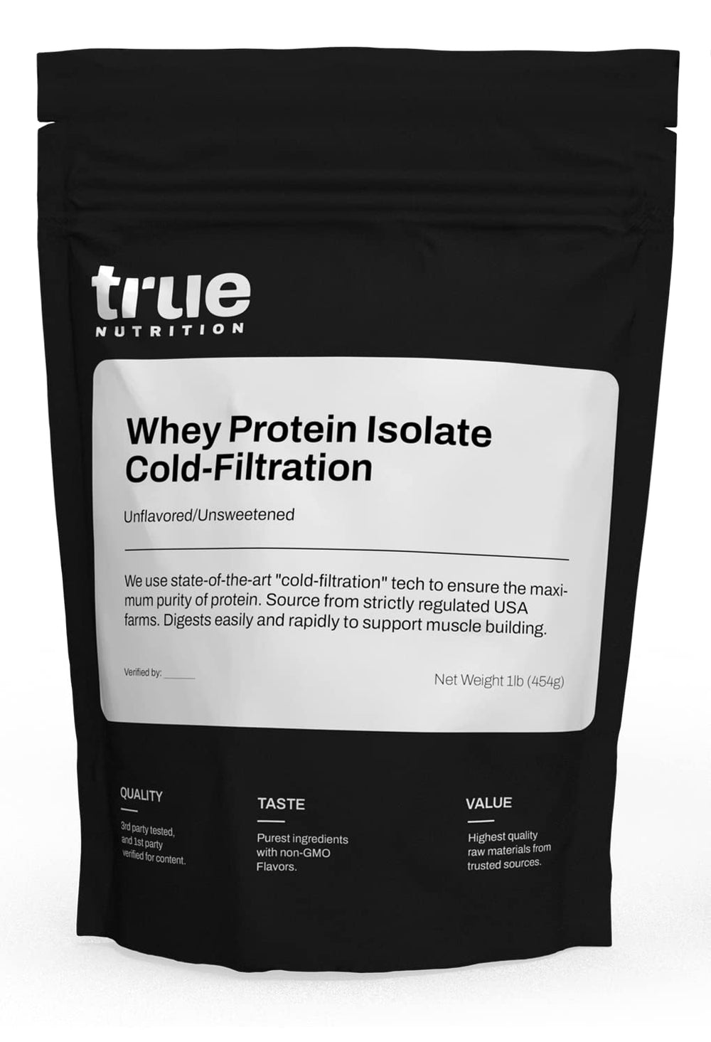 True Nutrition unflavored whey isolate bottle shows protein power for daily workouts.