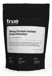 True Nutrition unflavored whey isolate bottle shows protein power for daily workouts.