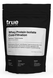 True Nutrition vanilla whey isolate bottle shows clean taste and easy mix for daily use.