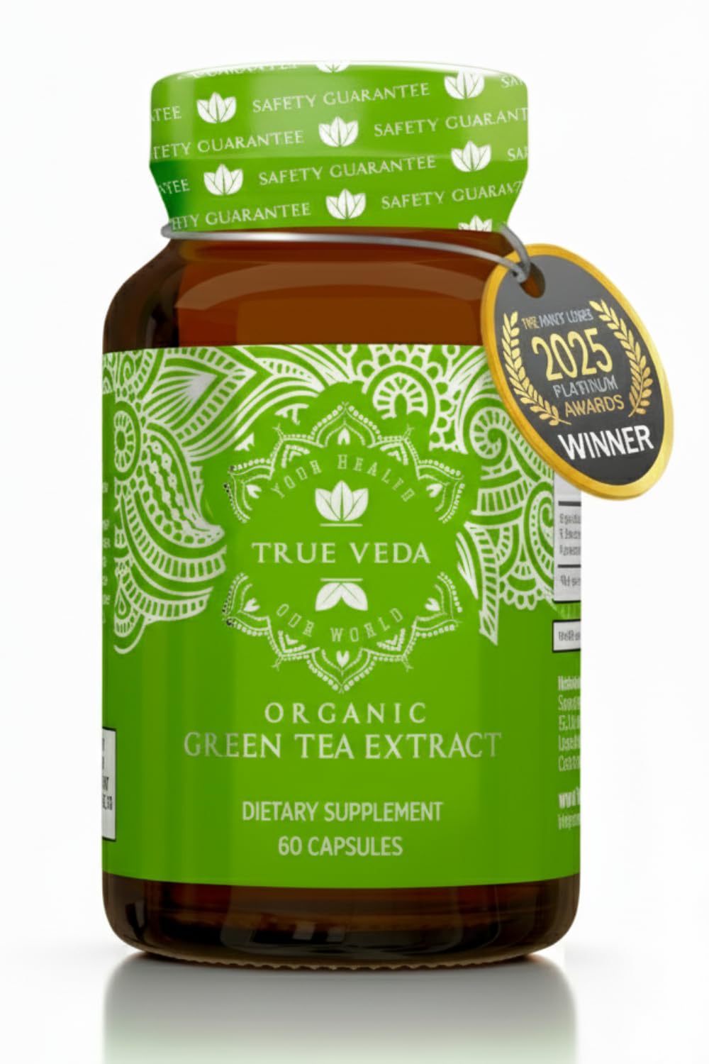 True Veda green tea extract capsules bottle highlights convenient vegan supplement.