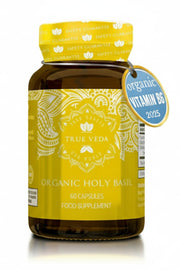 True Veda Holy Basil capsules packshot showing organic Tulsi formula for balanced daily wellness