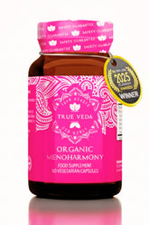 True Veda MenoHarmony bottle showing vegan menopause support.