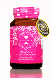 True Veda MenoHarmony bottle showing vegan menopause support.