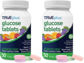 TRUEplus Glucose Tablets bottle front view, 50-count, ideal for fast-acting energy on the go.