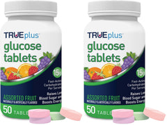 TRUEplus Glucose Tablets bottle front view, 50-count, ideal for fast-acting energy on the go.