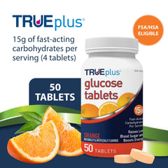 TRUEplus Glucose Tablets serving portion shows four tablets per serving.