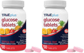 TRUEplus glucose tablets tropical fruit bottle for quick, portable at-home use.