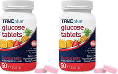 TRUEplus glucose tablets tropical fruit bottle for quick, portable at-home use.