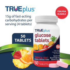 TRUEplus tropical fruit glucose tablets close-up showing easy-dosing for daily use.
