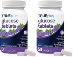 TRUEplus Glucose Tablets grape bottle front for quick energy on the go.
