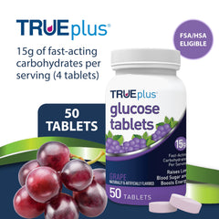 TRUEplus Glucose Tablets grape bottle side displays serving details for planning.