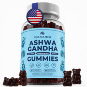 TrueSeaMoss gummies bottle closeup with ashwagandha for daily wellness