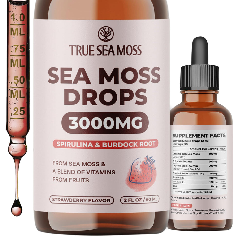 TrueSeaMoss Irish Sea Moss liquid drops bottle, convenient on-the-go use.