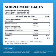 TrueSeaMoss spirulina burdock root black cumin complex highlights the blend.