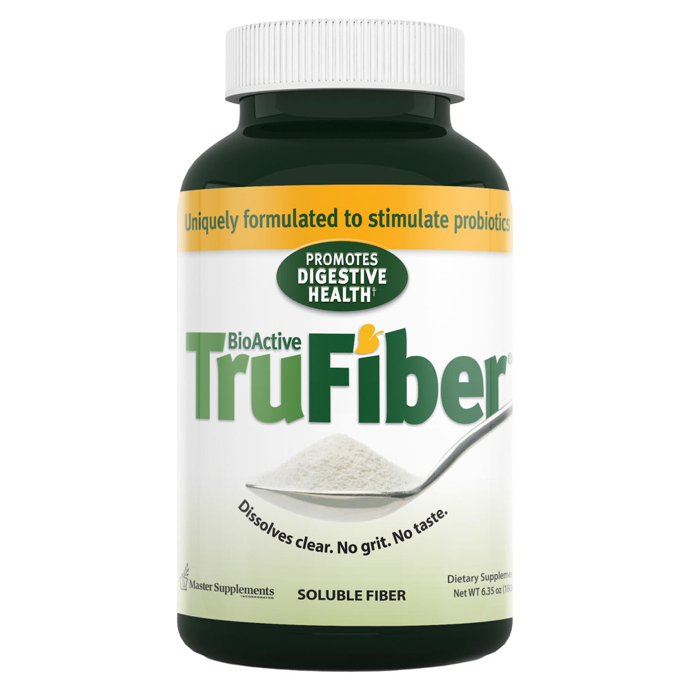 TruFiber bottle closeup showing vegan and gluten-free prebiotic supplement for daily use.