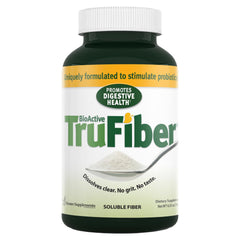 TruFiber bottle closeup showing vegan and gluten-free prebiotic supplement for daily use.