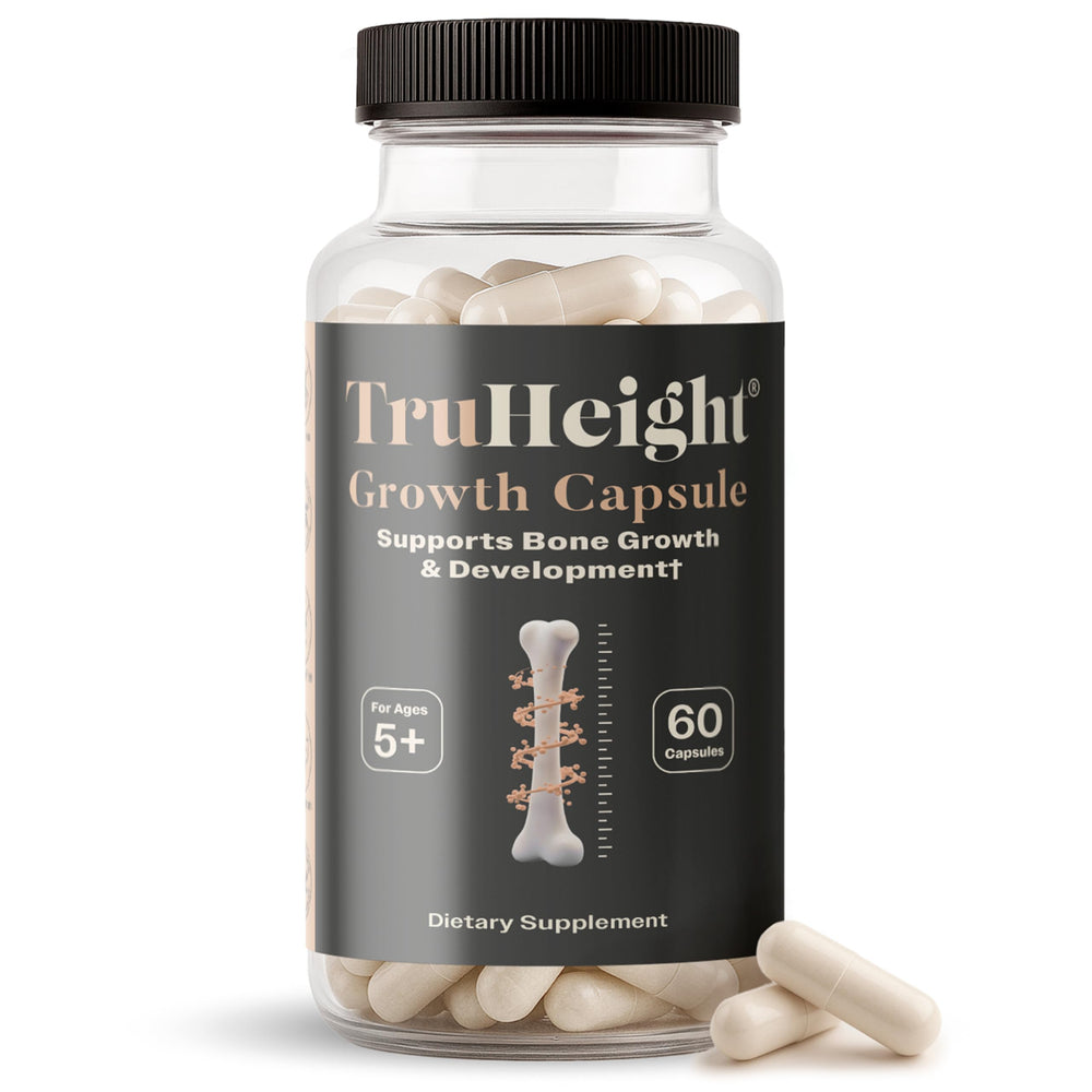 TruHeight Growth bottle front showing kid-friendly packaging and label for bone support benefits.