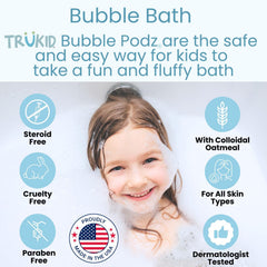 TruKid Bubble Podz tear-free formula for gentle bath time.