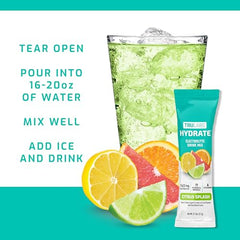 TRULABS Hydrate Citrus Splash glass with prepared drink and ice.