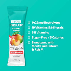 Pouring TRULABS Hydrate Peach Mango into water for quick electrolyte refreshment.
