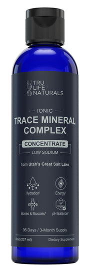 TRULIFE NATURALS Trace Mineral Complex bottle with label highlighting minerals and hydration benefits