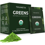 TRUMETA Greens Powder Travel Pack open, ideal for busy on-the-go nutrition.