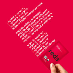 TRUMETA Reds powder berry blend close up, highlighting antioxidant rich ingredients for daily wellness.