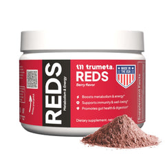 TRUMETA Reds Powder Jar with vibrant immune-support blend ready to mix.