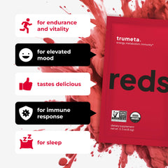 TRUMETA Reds powder mixed in water creating a vibrant berry drink for quick energy.