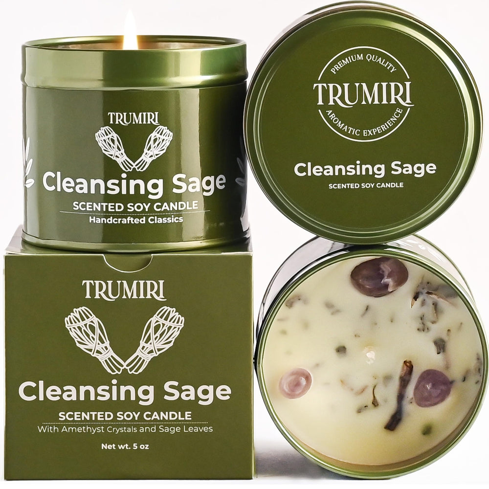 TRUMIRI Sage Candle 5oz packshot highlights clean, non-toxic soy wax for soothing home scent.