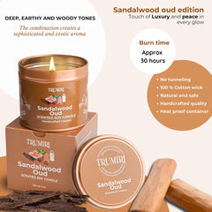 TRUMIRI Sandalwood Oud candle offers masculine scent ideal for living rooms.