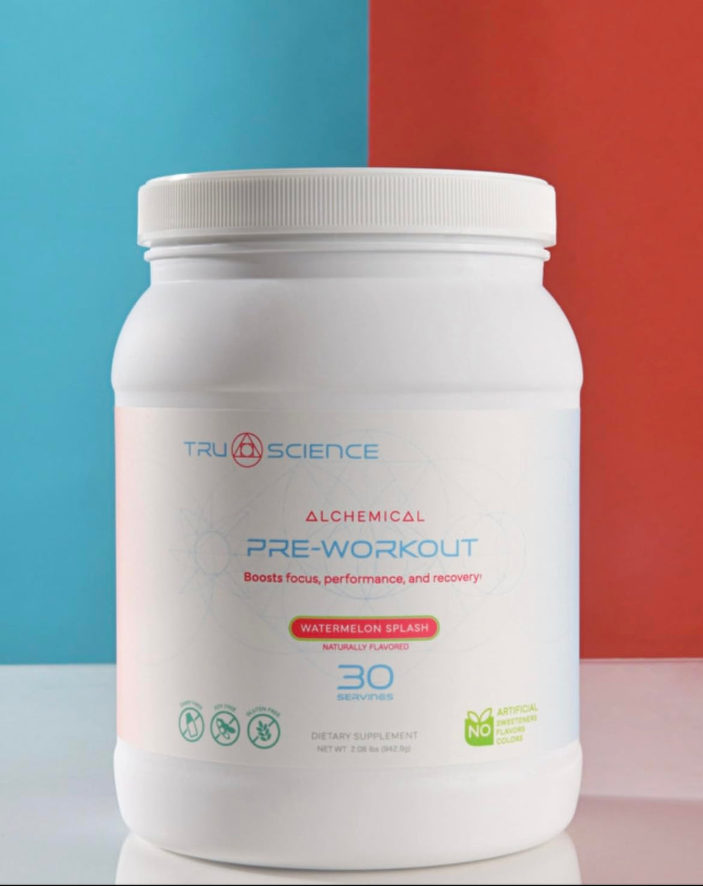 Tru Science Pre-Workout Watermelon Splash tub ready for a powerful gym session with sharp focus.