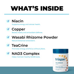 TRŪSPAN Tru Defend bottle label highlights ingredients and daily use guidance